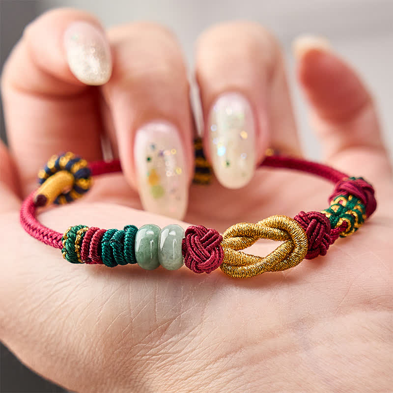 Buddha Stones Pulsera de cuentas de jade con flores de durazno tejida a mano con hilo rojo - image 3