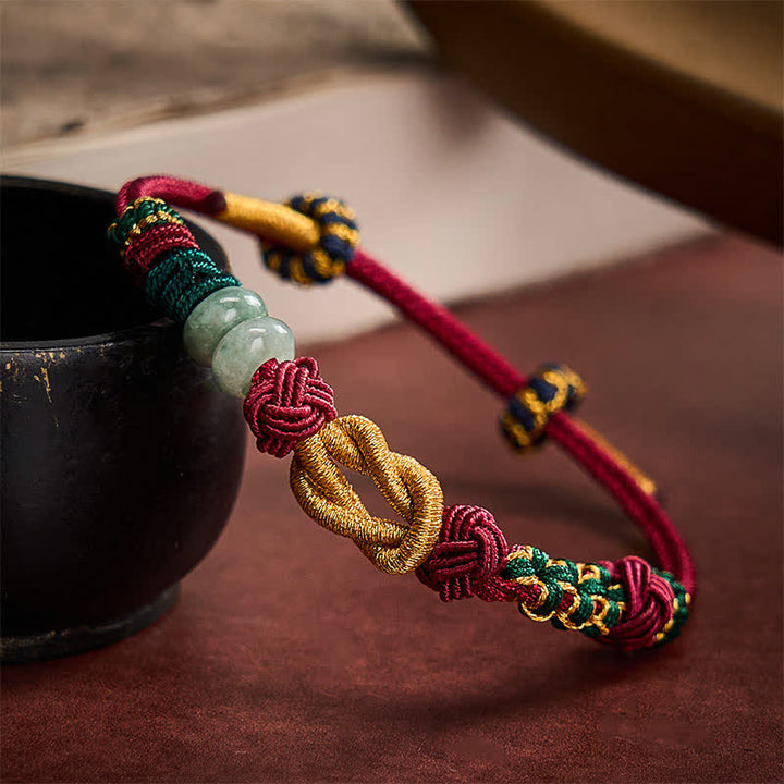 Buddha Stones Pulsera de cuentas de jade con flores de durazno tejida a mano con hilo rojo - image 1