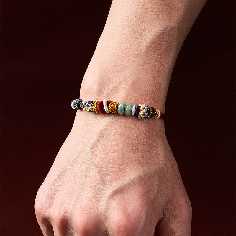 Buddha Stones Pulsera de hilo rojo y azul marino con cuentas de jade y flor de durazno tejida a mano - image 5