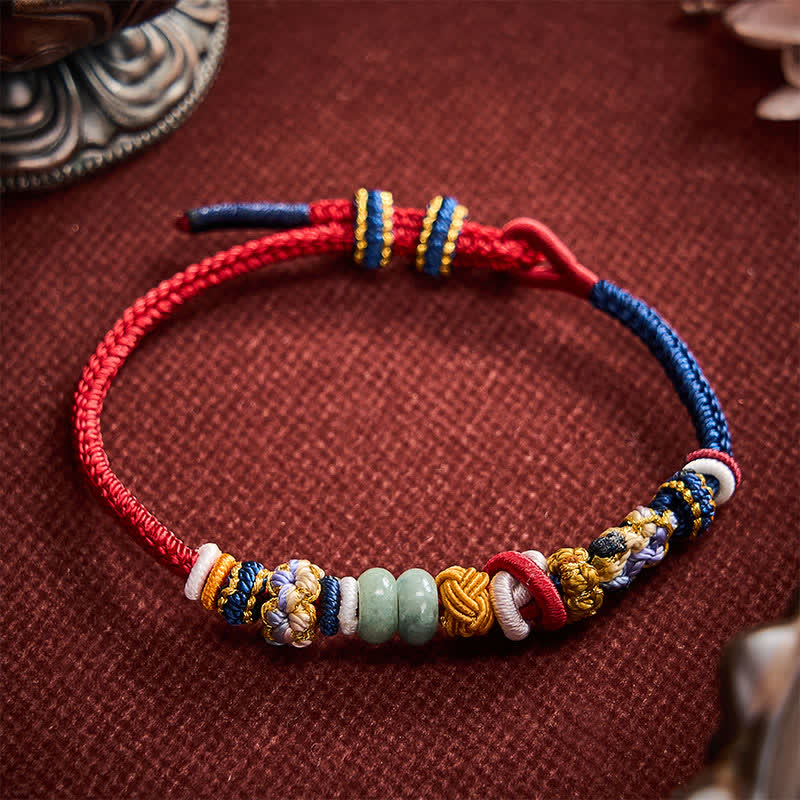 Buddha Stones Pulsera de hilo rojo y azul marino con cuentas de jade y flor de durazno tejida a mano - image 2