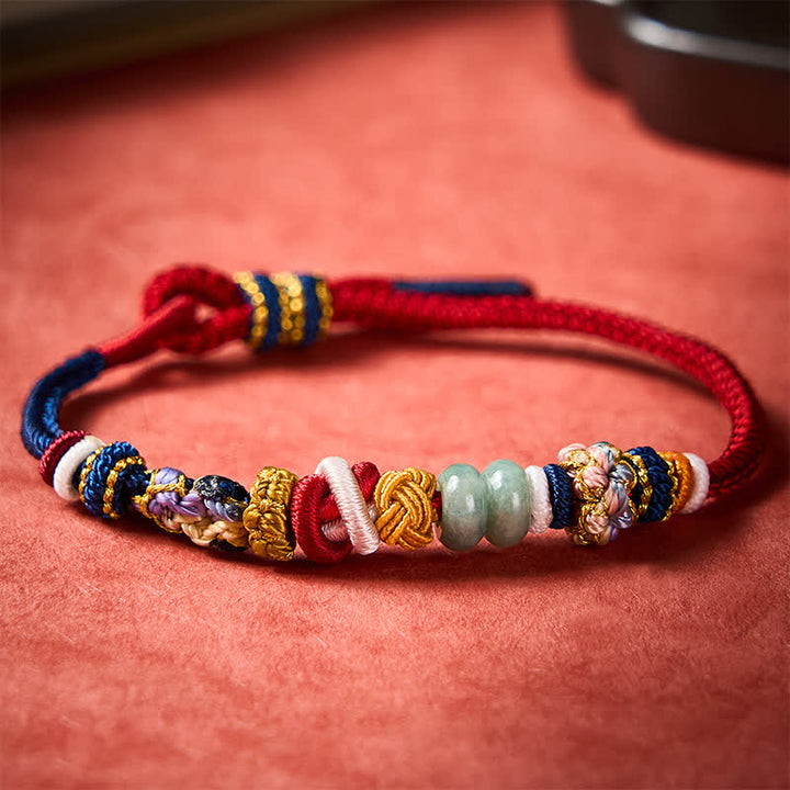 Buddha Stones Pulsera de hilo rojo y azul marino con cuentas de jade y flor de durazno tejida a mano - Rojo marino (circunferencia de la muñeca: 15-18 cm) - image 0