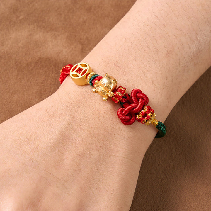 Buddha Stones Pulsera trenzada de protección con hilo rojo y diseño de gato dorado de la suerte - image 13