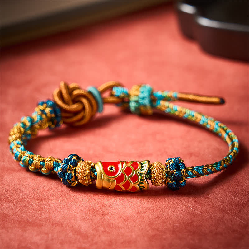 Buddha Stones Pulsera de cuerda tejida a mano con mandala de flor de durazno, nudo y pez koi de la suerte. - Verde (circunferencia de la muñeca: 5,9–8,3 pulgadas / 15–21 cm) - image 0
