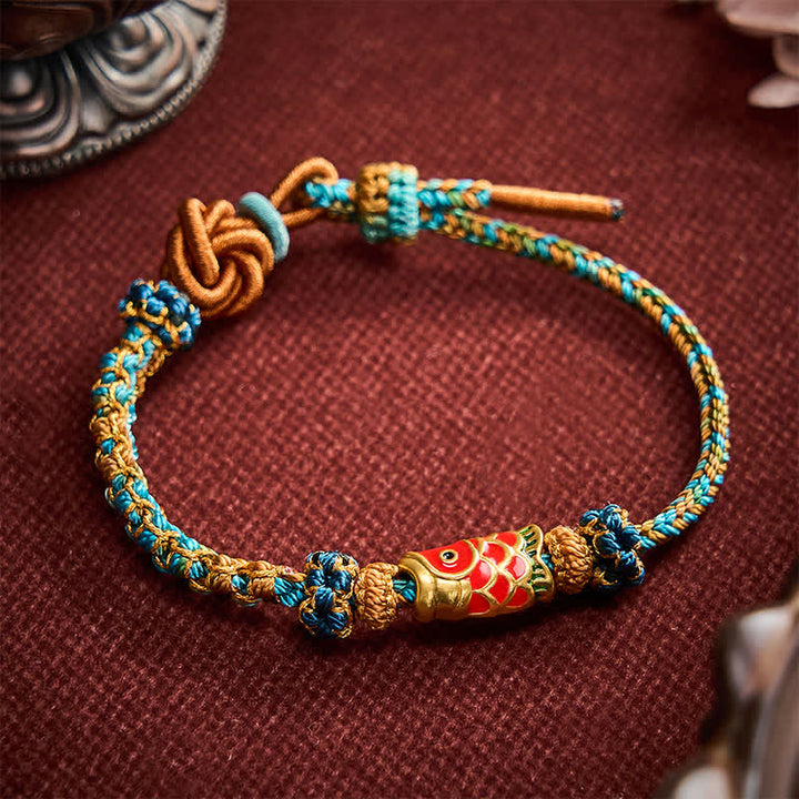 Buddha Stones Pulsera de cuerda tejida a mano con mandala de flor de durazno, nudo y pez koi de la suerte. - image 2