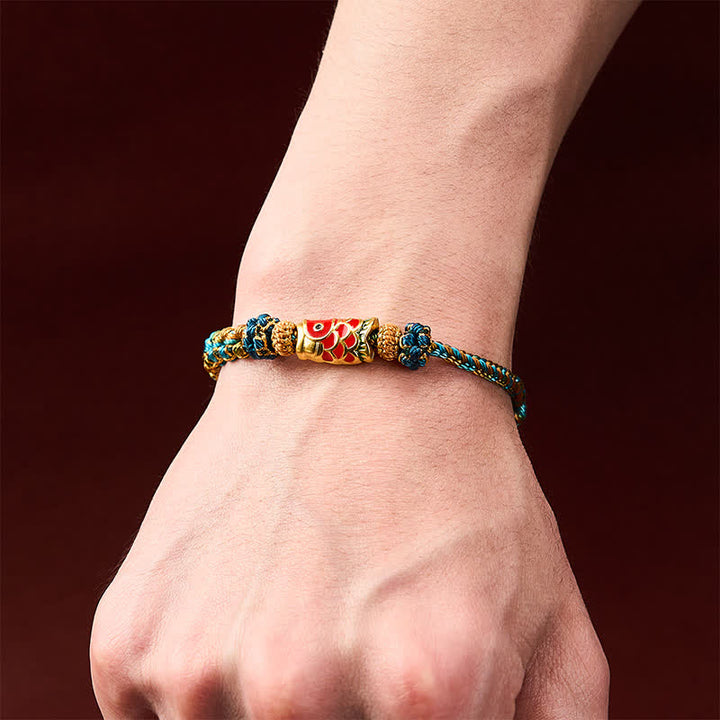 Buddha Stones Pulsera de cuerda tejida a mano con mandala de flor de durazno, nudo y pez koi de la suerte. - image 4