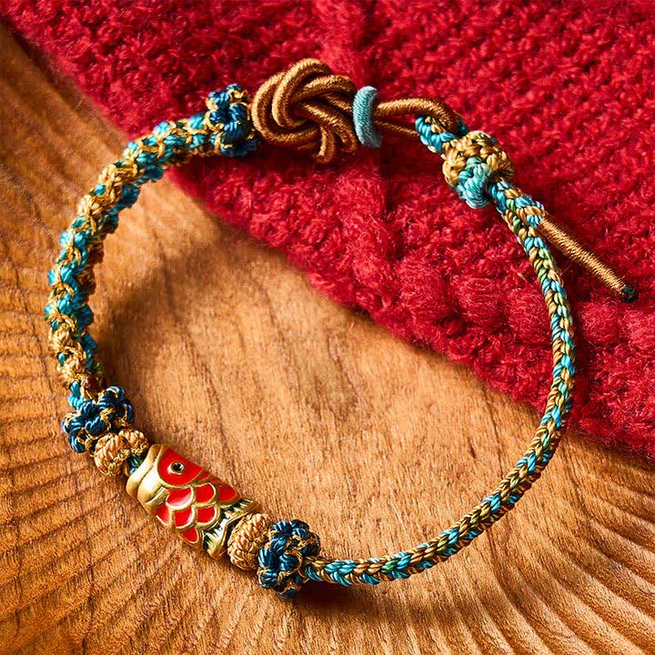 Buddha Stones Pulsera de cuerda tejida a mano con mandala de flor de durazno, nudo y pez koi de la suerte. - image 1