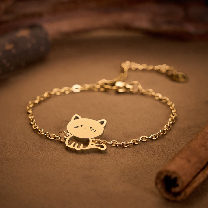Buddha Stones Pulsera de cadena protectora minimalista con dije de gato de acero de titanio - image 1