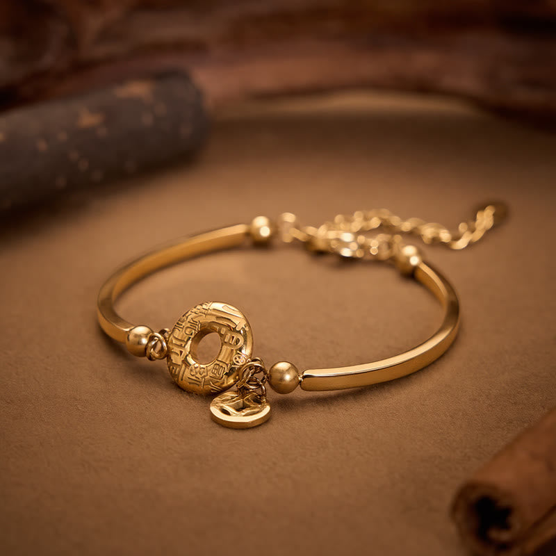 Buddha Stones Pulsera con colgante de cadena abierta con hebilla de la paz de acero de titanio y carácter Fu (moneda china) - image 1