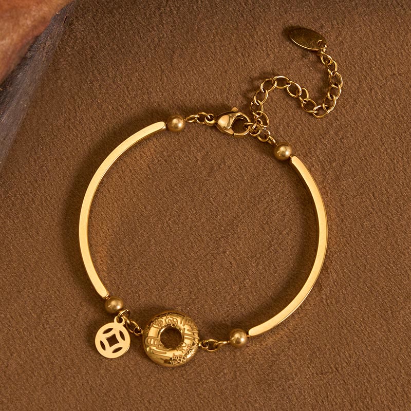 Buddha Stones Pulsera con colgante de cadena abierta con hebilla de la paz de acero de titanio y carácter Fu (moneda china) - Acero de titanio (refuerza la estimulación ♥) (Circunferencia de la muñeca: 15–19 cm) - image 0