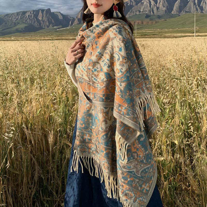 Bufanda de viaje acogedora con borlas y ramas de flores tibetanas de Buddha Stones - Beige 180*65cm - image 0