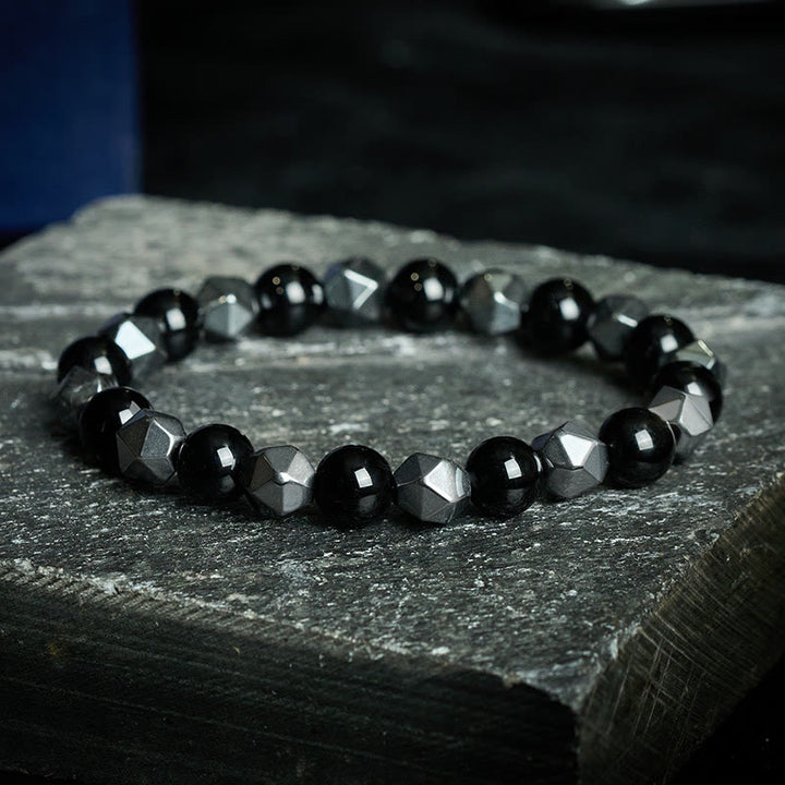 Buddha Stones Pulsera de fuerza con hematita facetada ojo de tigre - Ónix Negro (Soporte de Fortune ♥) - image 0