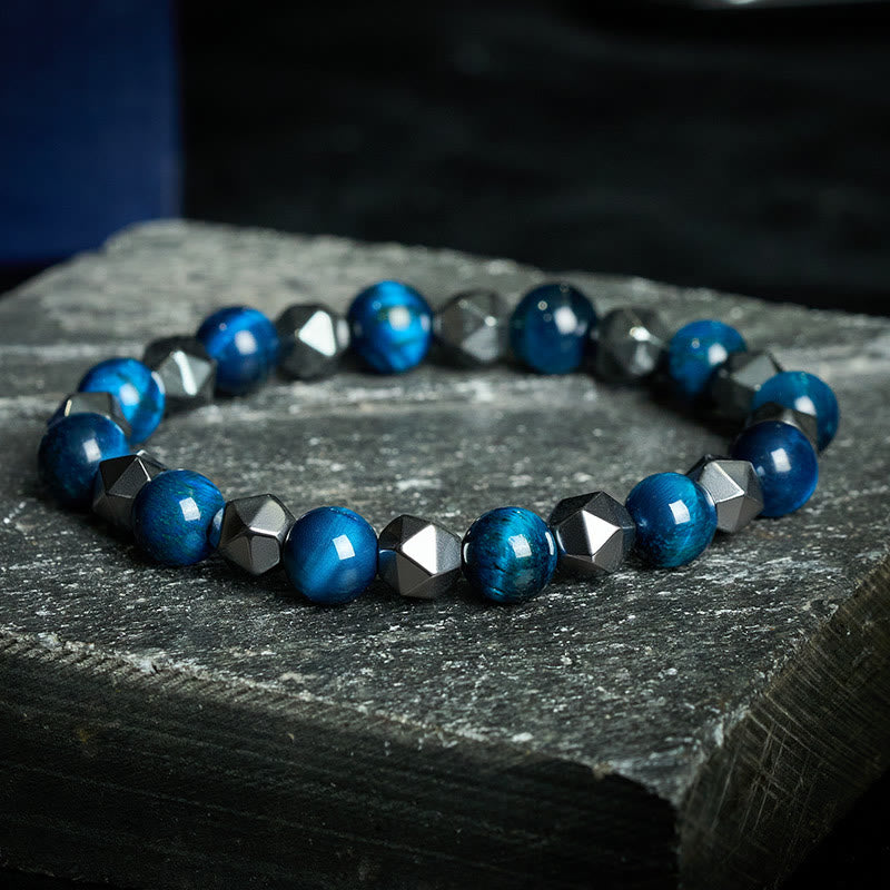 Buddha Stones Pulsera de fuerza con hematita facetada ojo de tigre - Ojo de Tigre Azul (Equilibrio ♥ Positivo) - image 16