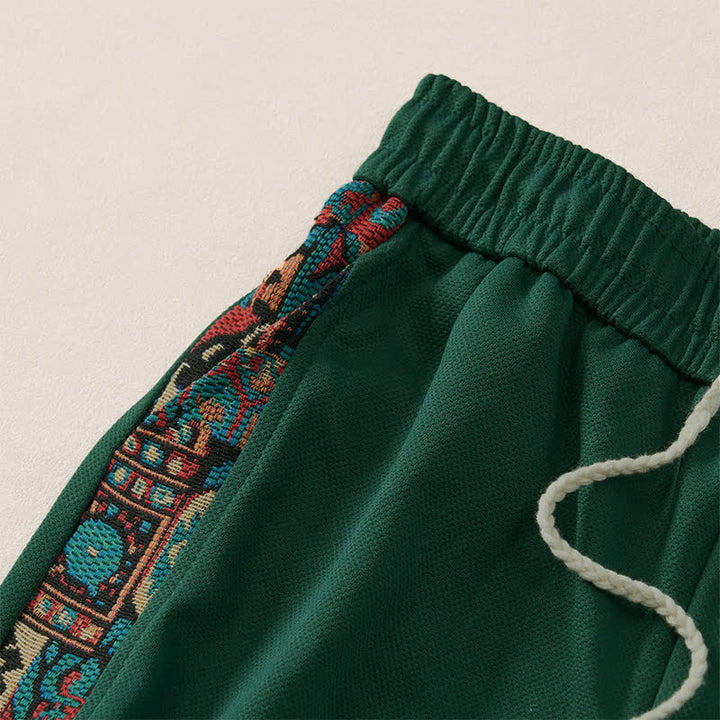Buddha Stones Pantalones cortos de verano estilo bohemio para hombre con cintura elástica, cordón ajustable, ribete geométrico y bolsillos. - image 2