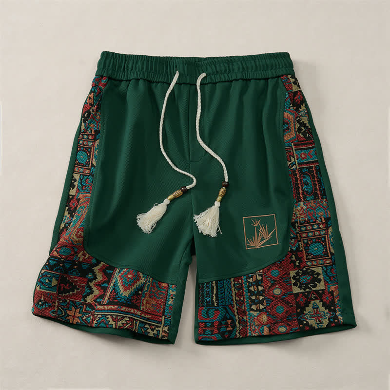 Buddha Stones Pantalones cortos de verano estilo bohemio para hombre con cintura elástica, cordón ajustable, ribete geométrico y bolsillos. - Verde bosque - US/UK/AU46, EU56 (5XL) - image 0