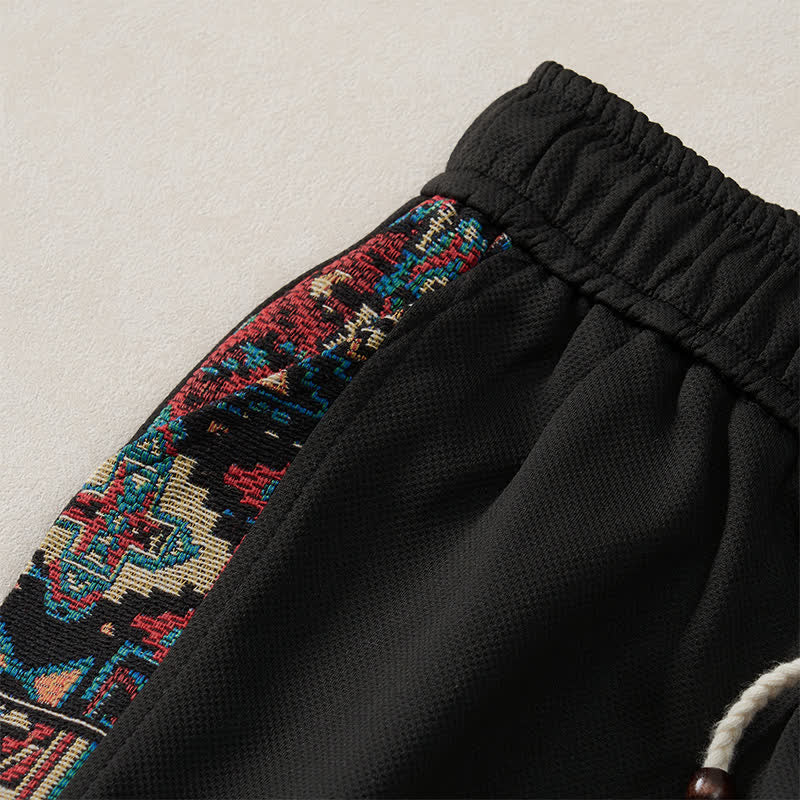 Buddha Stones Pantalones cortos de verano estilo bohemio para hombre con cintura elástica, cordón ajustable, ribete geométrico y bolsillos. - image 11