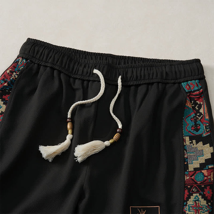 Buddha Stones Pantalones cortos de verano estilo bohemio para hombre con cintura elástica, cordón ajustable, ribete geométrico y bolsillos. - image 10