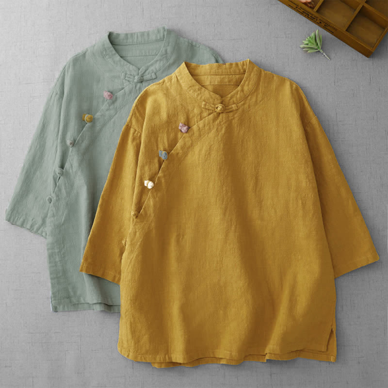 Buddha Stones Camisas de manga tres cuartos para mujer, estilo Summer Tang, vintage, con cuello mandarín y botones de rana. - image 12