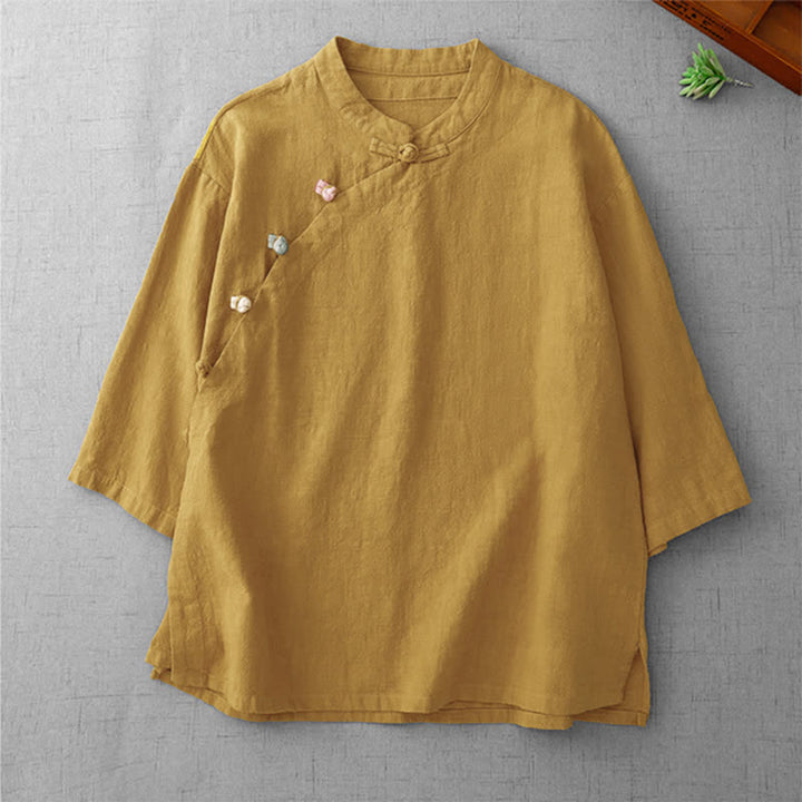 Buddha Stones Camisas de manga tres cuartos para mujer, estilo Summer Tang, vintage, con cuello mandarín y botones de rana. - vara de oro - US8-10, UK/AU12-14, EU40-42 (2XL) - image 0