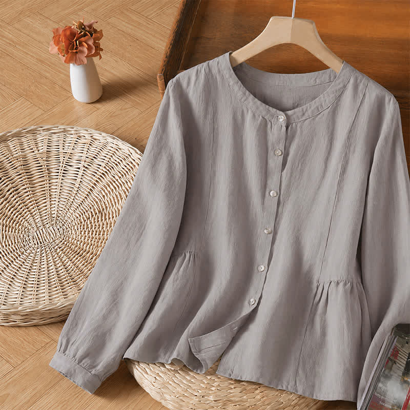 Buddha Stones Camisas de manga larga para mujer, estilo casual minimalista, con cuello redondo y botones, para primavera y otoño. - image 3