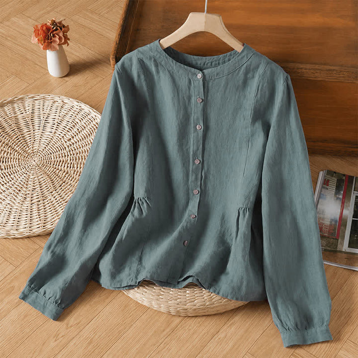 Buddha Stones Camisas de manga larga para mujer, estilo casual minimalista, con cuello redondo y botones, para primavera y otoño. - Verde azulado - US8-10, UK/AU12-14, EU40-42 (2XL) - image 0