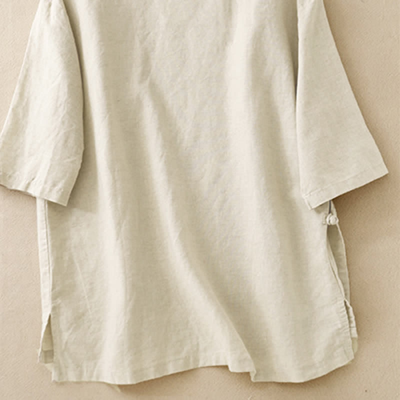 Buddha Stones Camisas de manga corta para mujer, estilo Summer Tang, minimalistas, con cuello mandarín y color liso. - image 1