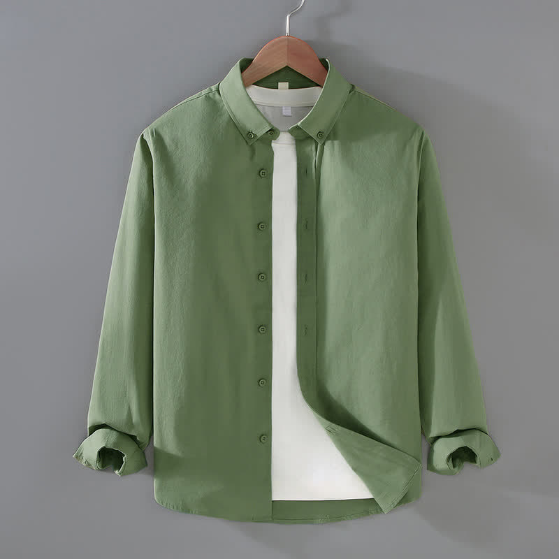 Buddha Stones Camisas de manga larga de algodón liso para hombre, estilo casual minimalista, con botones, para primavera y otoño. - Verde mar oscuro - US/UK/AU42, EU52 (3XL) - image 12