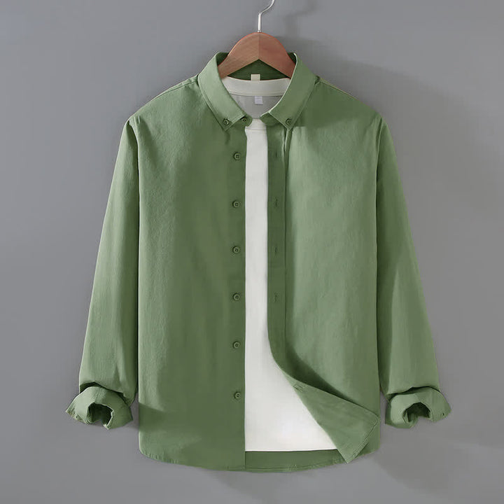 Buddha Stones Camisas de manga larga de algodón liso para hombre, estilo casual minimalista, con botones, para primavera y otoño. - Verde mar oscuro - US/UK/AU42, EU52 (3XL) - image 12