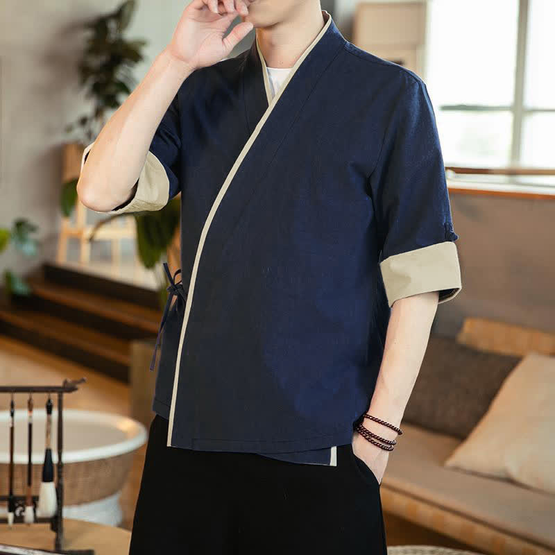Buddha Stones Kimono de hombre estilo Tang minimalista con cuello en V, cordón ajustable y manga tres cuartos. - Marina de guerra - US/UK/AU46, EU56 (5XL) - image 0