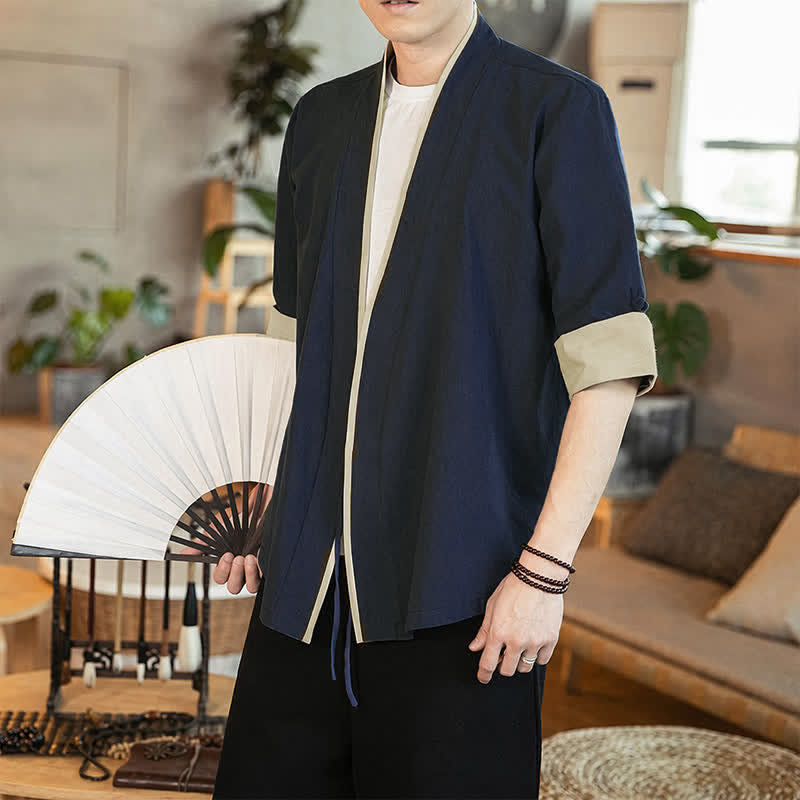 Buddha Stones Kimono de hombre estilo Tang minimalista con cuello en V, cordón ajustable y manga tres cuartos. - image 1