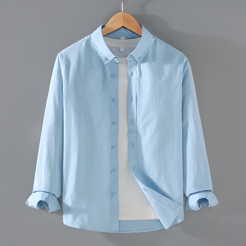 Buddha Stones Camisas de manga larga de algodón liso para hombre, estilo casual minimalista, con botones, para primavera y otoño. - Azul claro - US/UK/AU42, EU52 (3XL) - image 9