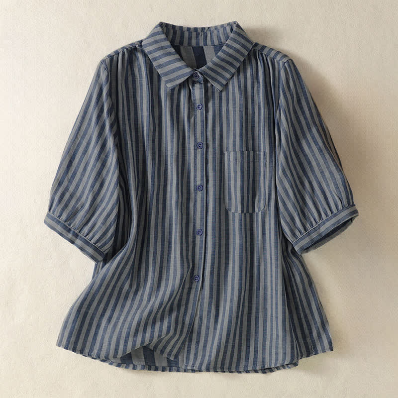 Buddha Stones Camisa de manga corta a rayas para mujer, estilo casual de verano, con botones y bolsillo de parche. - Azul acero - US12, UK/AU16, EU44 (3XL) - image 24