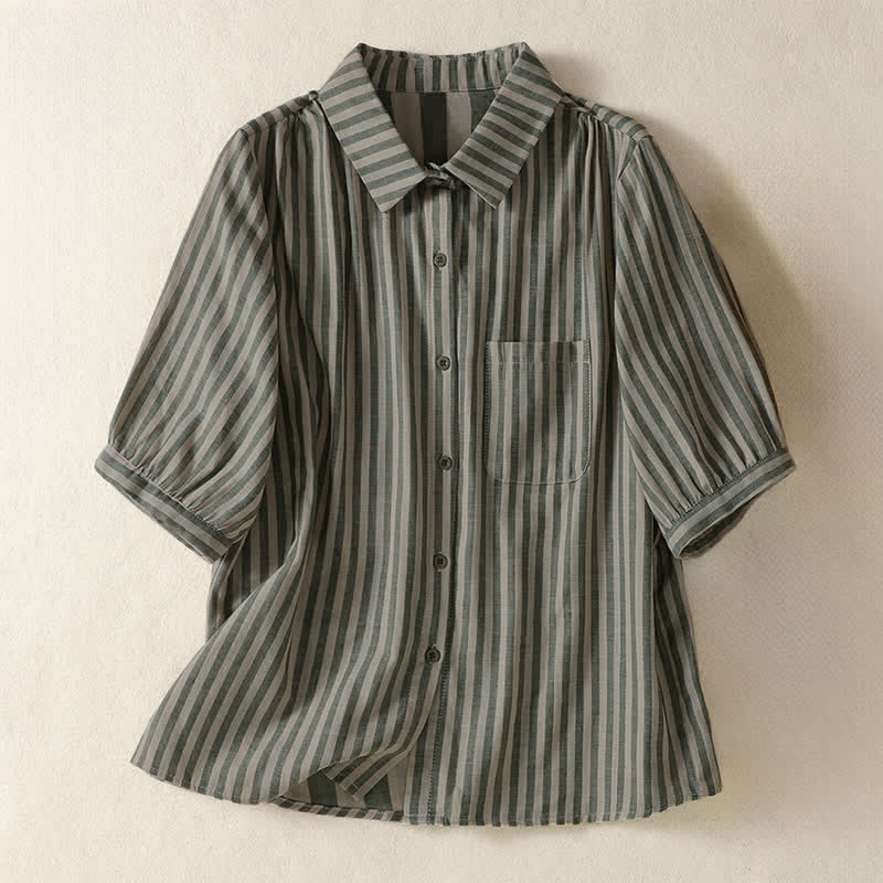 Buddha Stones Camisa de manga corta a rayas para mujer, estilo casual de verano, con botones y bolsillo de parche. - Verde oliva - US12, UK/AU16, EU44 (3XL) - image 0
