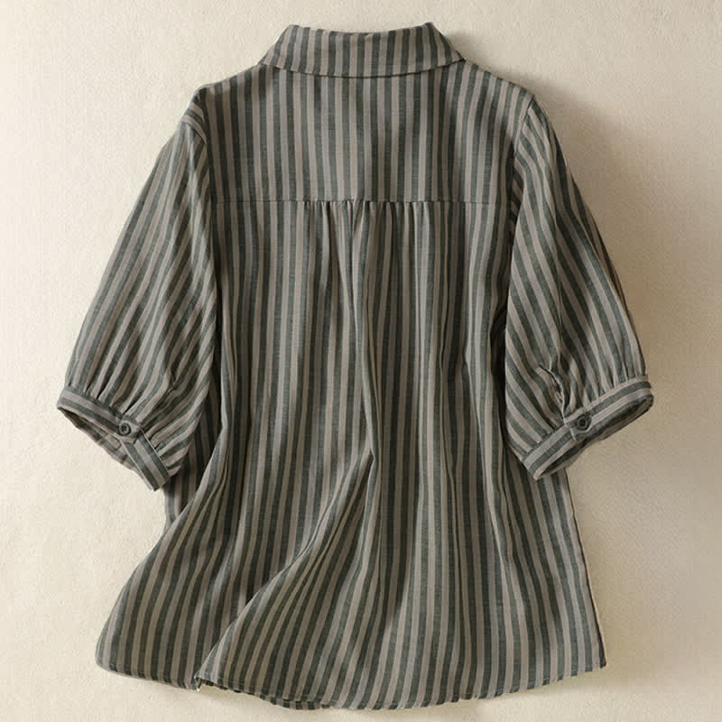 Buddha Stones Camisa de manga corta a rayas para mujer, estilo casual de verano, con botones y bolsillo de parche. - image 1