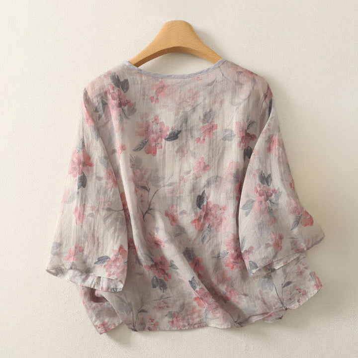 Buddha Stones Camisas de manga tres cuartos para mujer, estilo vintage, con cuello en V, botones de rana y estampado floral, estilo Summer Tang. - image 6