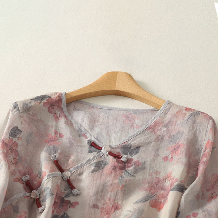 Buddha Stones Camisas de manga tres cuartos para mujer, estilo vintage, con cuello en V, botones de rana y estampado floral, estilo Summer Tang. - image 7