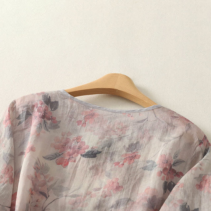 Buddha Stones Camisas de manga tres cuartos para mujer, estilo vintage, con cuello en V, botones de rana y estampado floral, estilo Summer Tang. - image 8