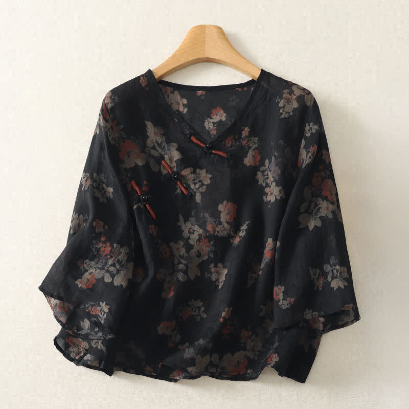 Buddha Stones Camisas de manga tres cuartos para mujer, estilo vintage, con cuello en V, botones de rana y estampado floral, estilo Summer Tang. - Negro - US12, UK/AU16, EU44 (3XL) - image 0