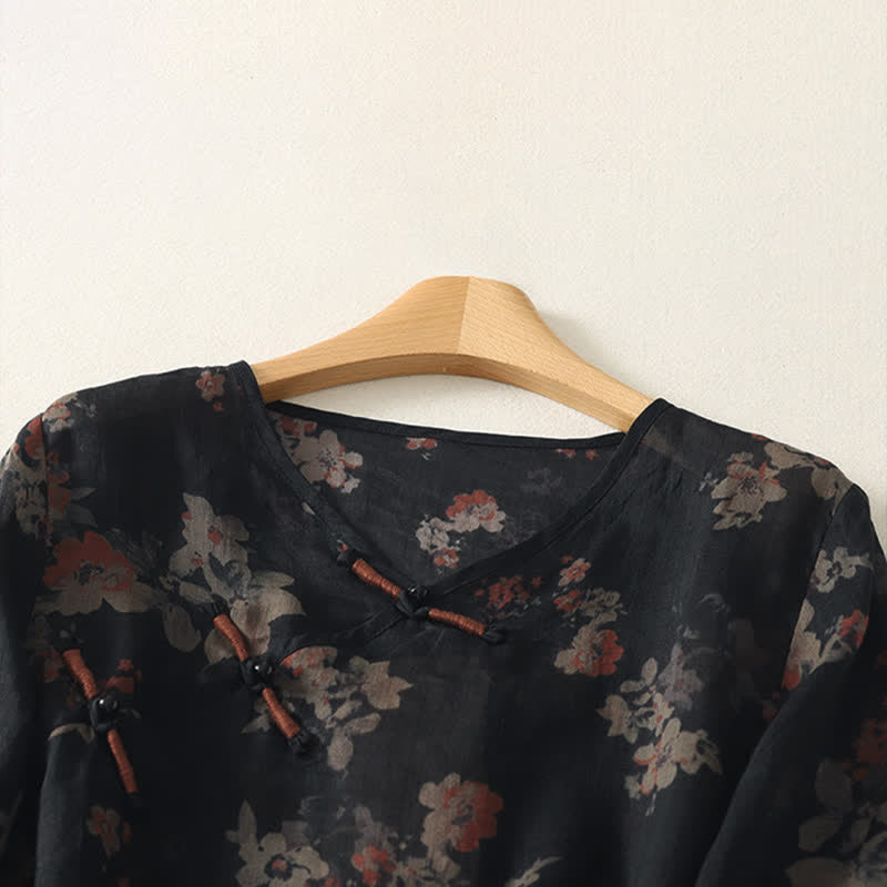 Buddha Stones Camisas de manga tres cuartos para mujer, estilo vintage, con cuello en V, botones de rana y estampado floral, estilo Summer Tang. - image 1