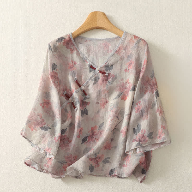 Buddha Stones Camisas de manga tres cuartos para mujer, estilo vintage, con cuello en V, botones de rana y estampado floral, estilo Summer Tang. - Beige - US12, UK/AU16, EU44 (3XL) - image 5