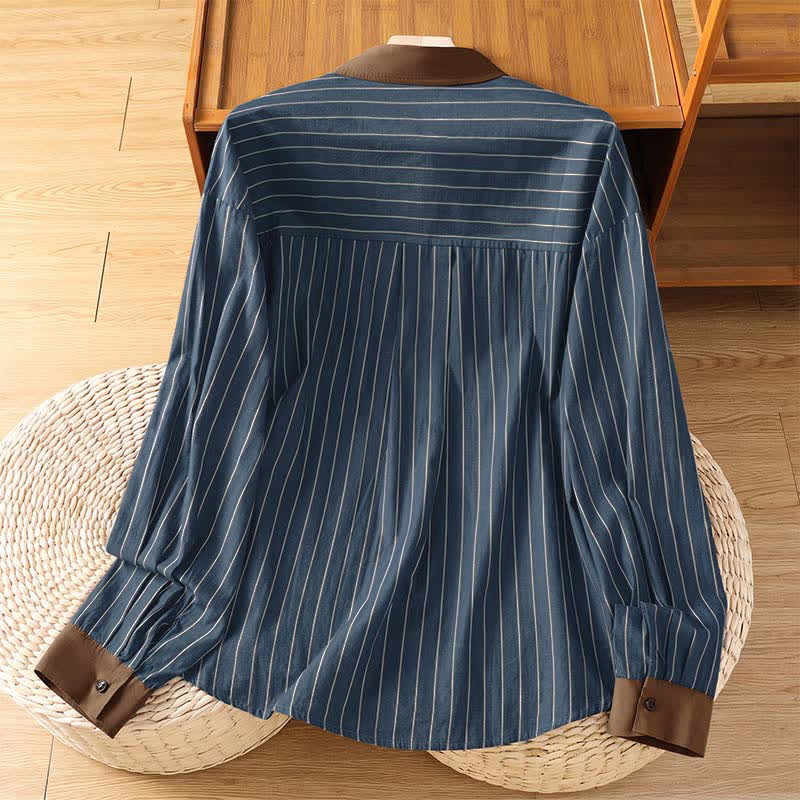 Buddha Stones Camisa de manga larga para mujer, estilo casual minimalista, con botones, rayas y ribete en contraste, ideal para primavera y verano. - image 11