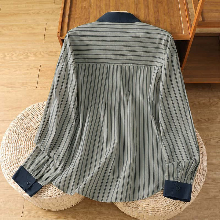 Buddha Stones Camisa de manga larga para mujer, estilo casual minimalista, con botones, rayas y ribete en contraste, ideal para primavera y verano. - image 2