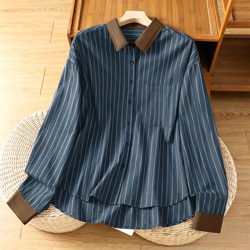 Buddha Stones Camisa de manga larga para mujer, estilo casual minimalista, con botones, rayas y ribete en contraste, ideal para primavera y verano. - Azul acero - US12, UK/AU16, EU44 (2XL) - image 10