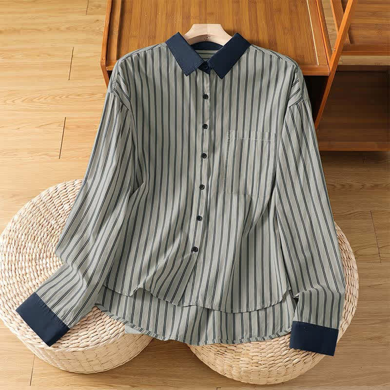 Buddha Stones Camisa de manga larga para mujer, estilo casual minimalista, con botones, rayas y ribete en contraste, ideal para primavera y verano. - Gainsboro - US12, UK/AU16, EU44 (2XL) - image 1