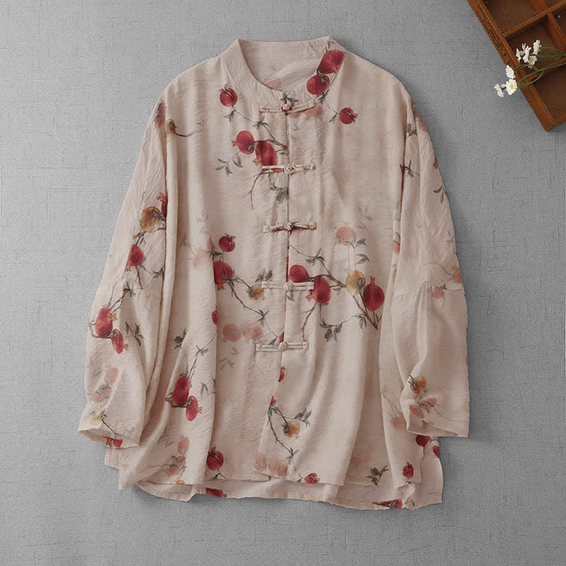Buddha Stones de manga larga para mujer estilo Tang de verano con estampado vintage de granada y botones de rana. - Beige - US14, UK/AU18, EU46 (2XL) - image 0