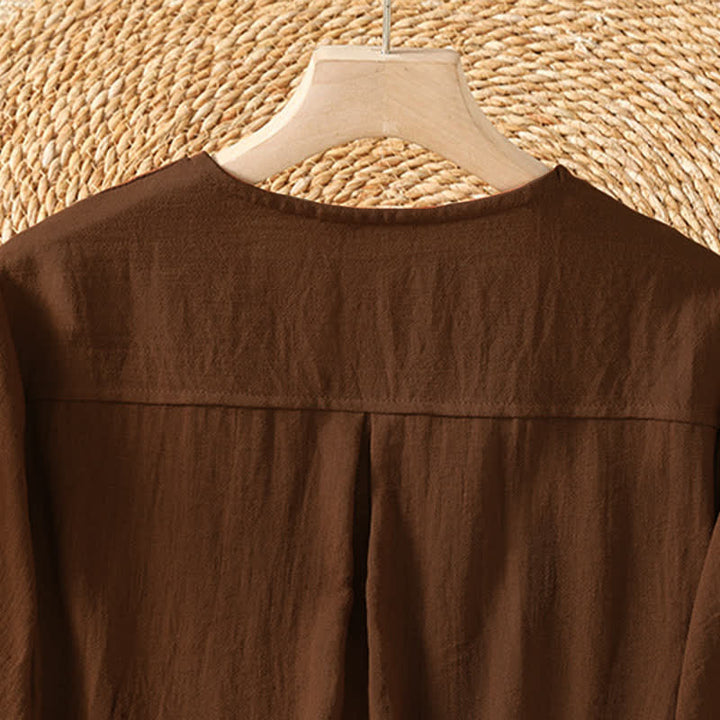 Buddha Stones Camisa de manga tres cuartos para mujer, estilo casual de primavera, minimalista, con botones y bolsillo de parche. - image 3