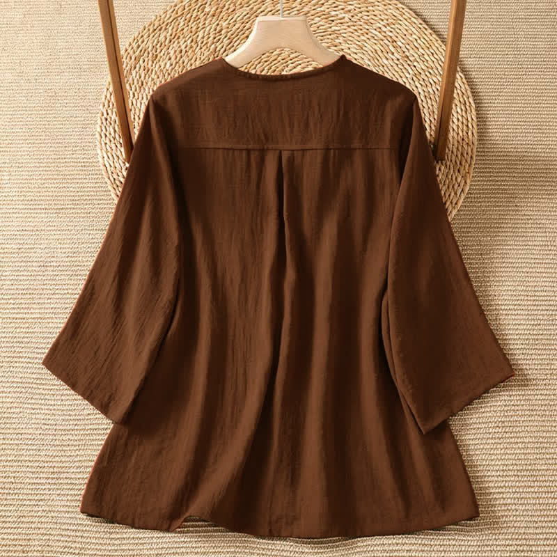 Buddha Stones Camisa de manga tres cuartos para mujer, estilo casual de primavera, minimalista, con botones y bolsillo de parche. - image 1