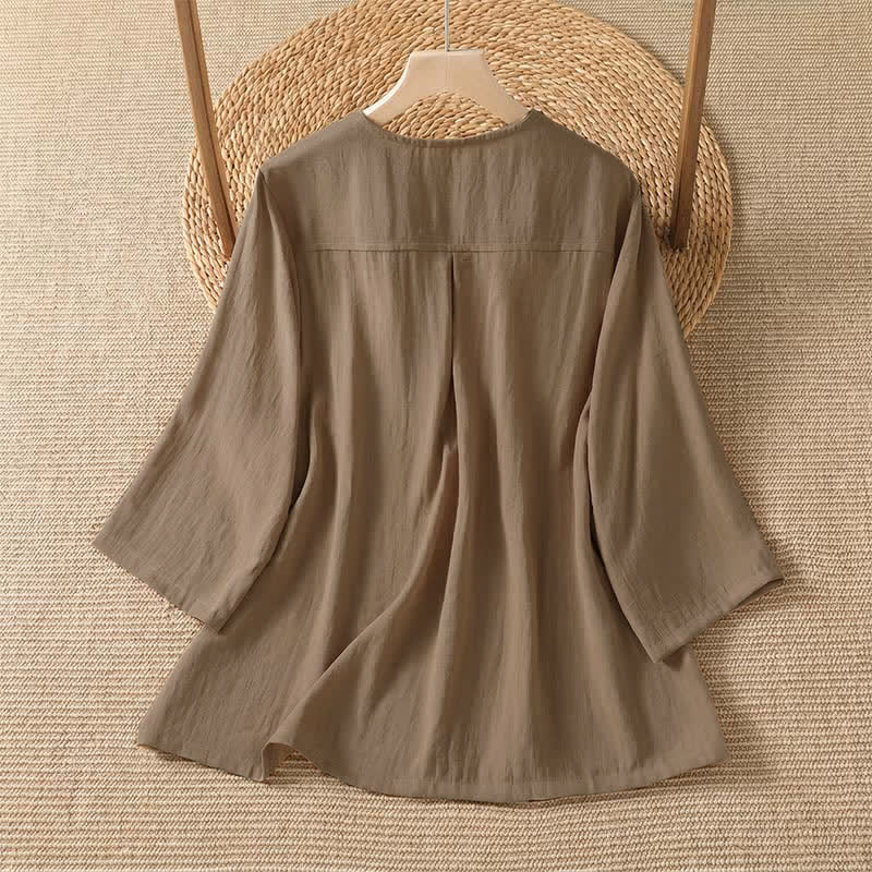 Buddha Stones Camisa de manga tres cuartos para mujer, estilo casual de primavera, minimalista, con botones y bolsillo de parche. - image 8