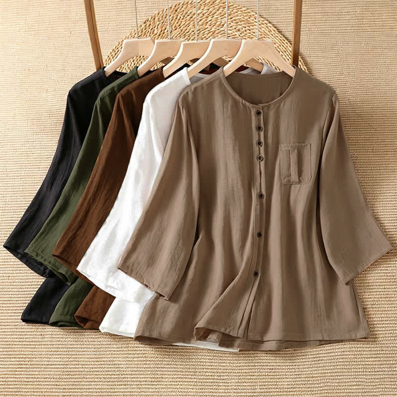 Buddha Stones Camisa de manga tres cuartos para mujer, estilo casual de primavera, minimalista, con botones y bolsillo de parche. - image 36