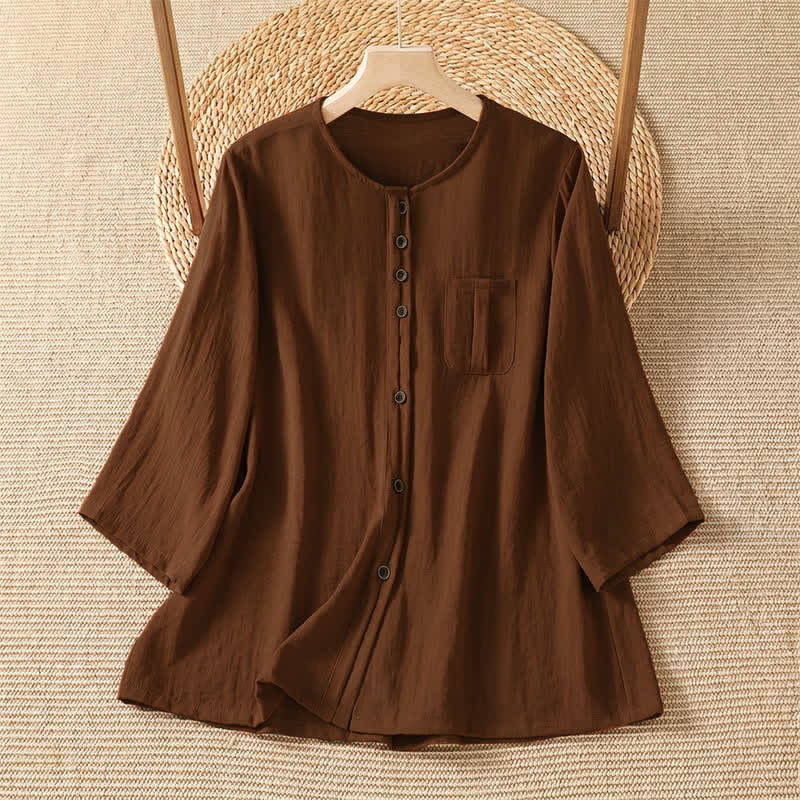 Buddha Stones Camisa de manga tres cuartos para mujer, estilo casual de primavera, minimalista, con botones y bolsillo de parche. - Tierra de siena - US4-8/10, UK/AU8-12/14, EU36-40/42 (F) - image 0