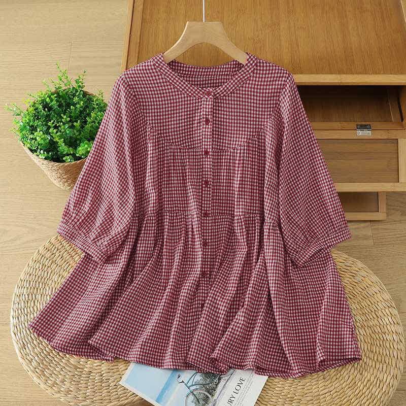 Buddha Stones Camisa de manga corta para mujer, estilo casual veraniego, vintage, a cuadros rojos, con cuello redondo y botones. - Rojo indio - US12, UK/AU16, EU44 (XL) - image 0